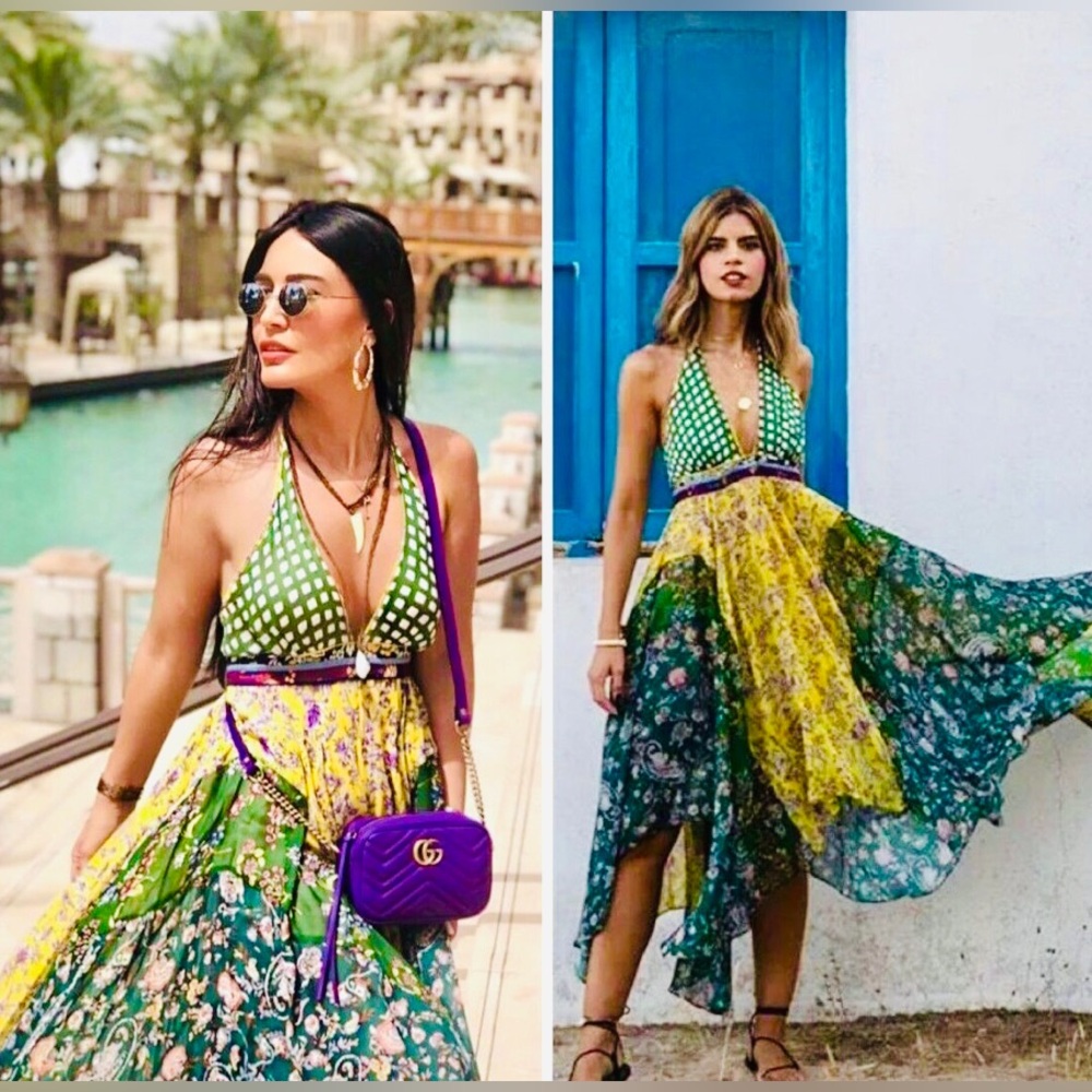 ZARA NWOT Asymmetrical Patchwork Green Bloggers Favorite Halter Dress
